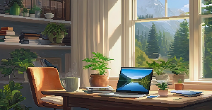 A cozy home office with a laptop showing a marijuana monitoring app, natural light, and plants.