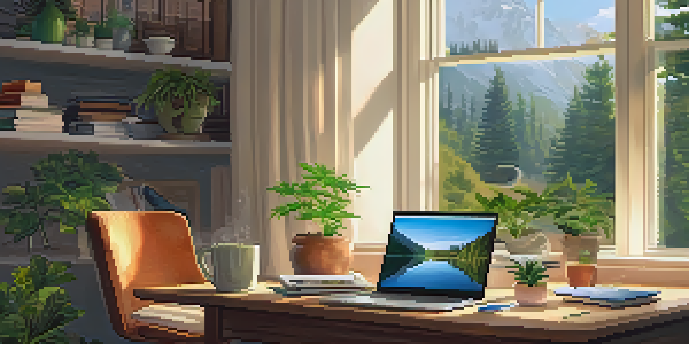 A cozy home office with a laptop showing a marijuana monitoring app, natural light, and plants.