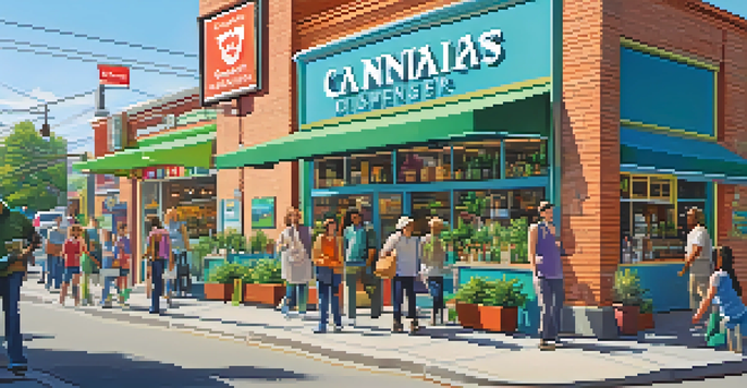 A busy street in a Canadian city with a cannabis dispensary, featuring diverse people entering and exiting the store under a clear blue sky.