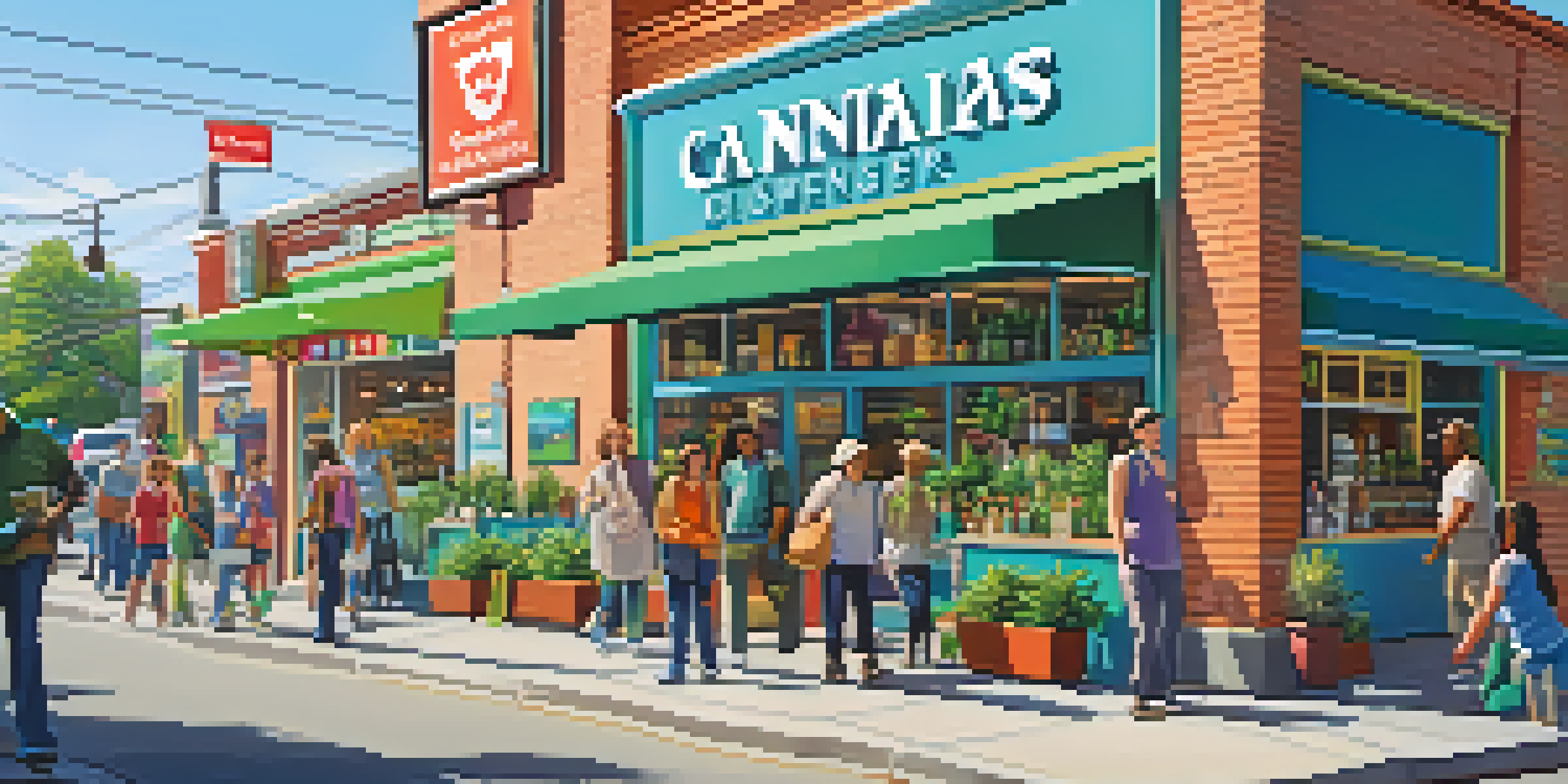 A busy street in a Canadian city with a cannabis dispensary, featuring diverse people entering and exiting the store under a clear blue sky.