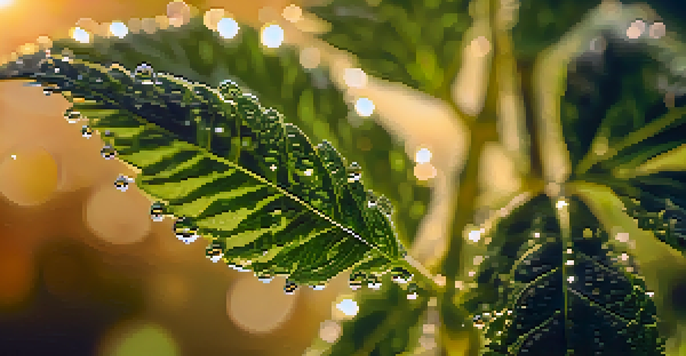 A detailed close-up of a green marijuana plant with dewy leaves, set against a softly blurred garden background during golden hour.