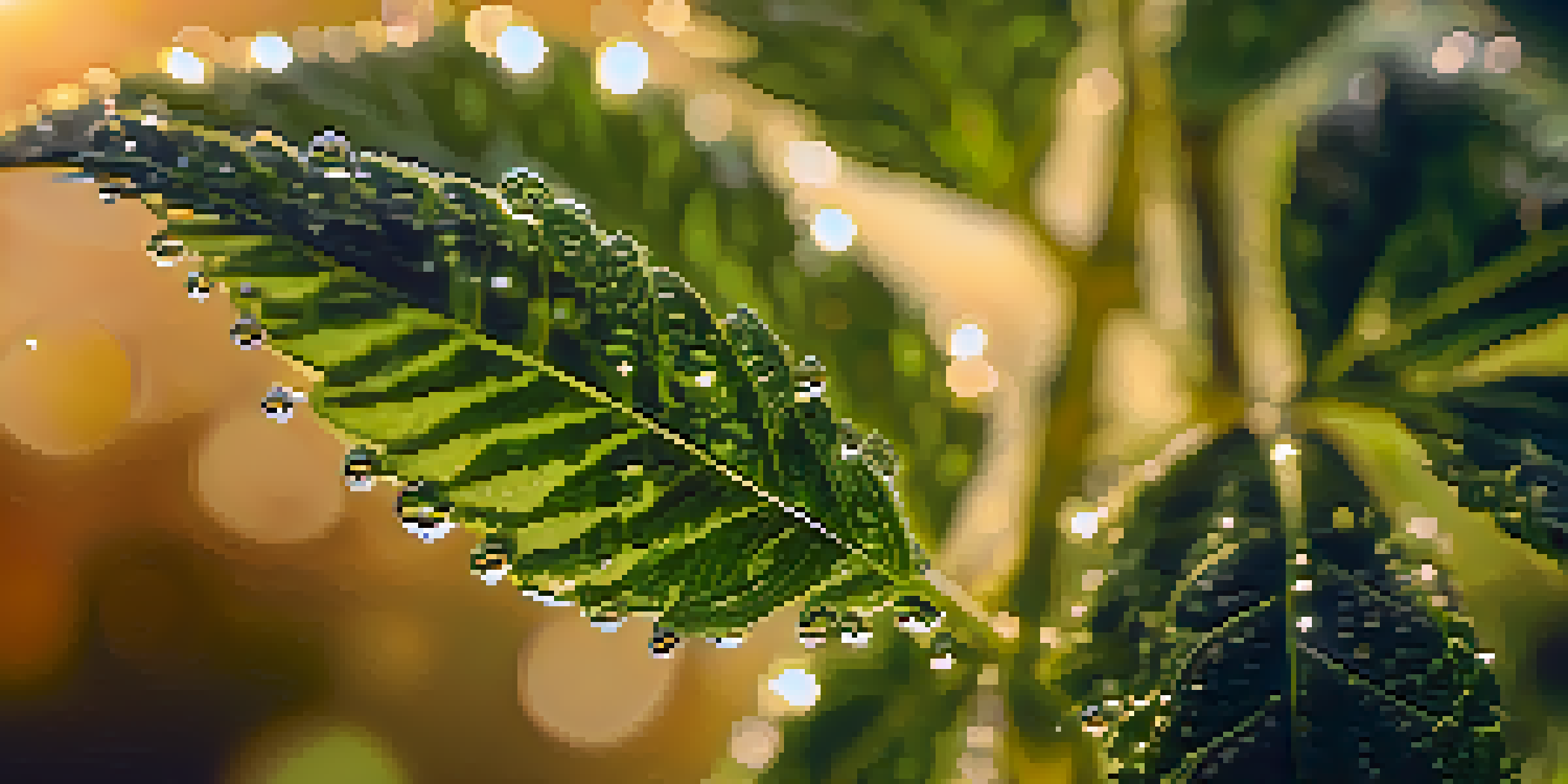 A detailed close-up of a green marijuana plant with dewy leaves, set against a softly blurred garden background during golden hour.