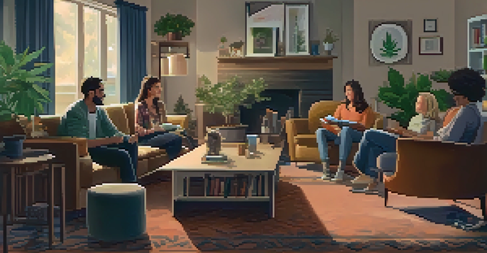 A family sitting in a cozy living room discussing marijuana education with an atmosphere of openness and support.