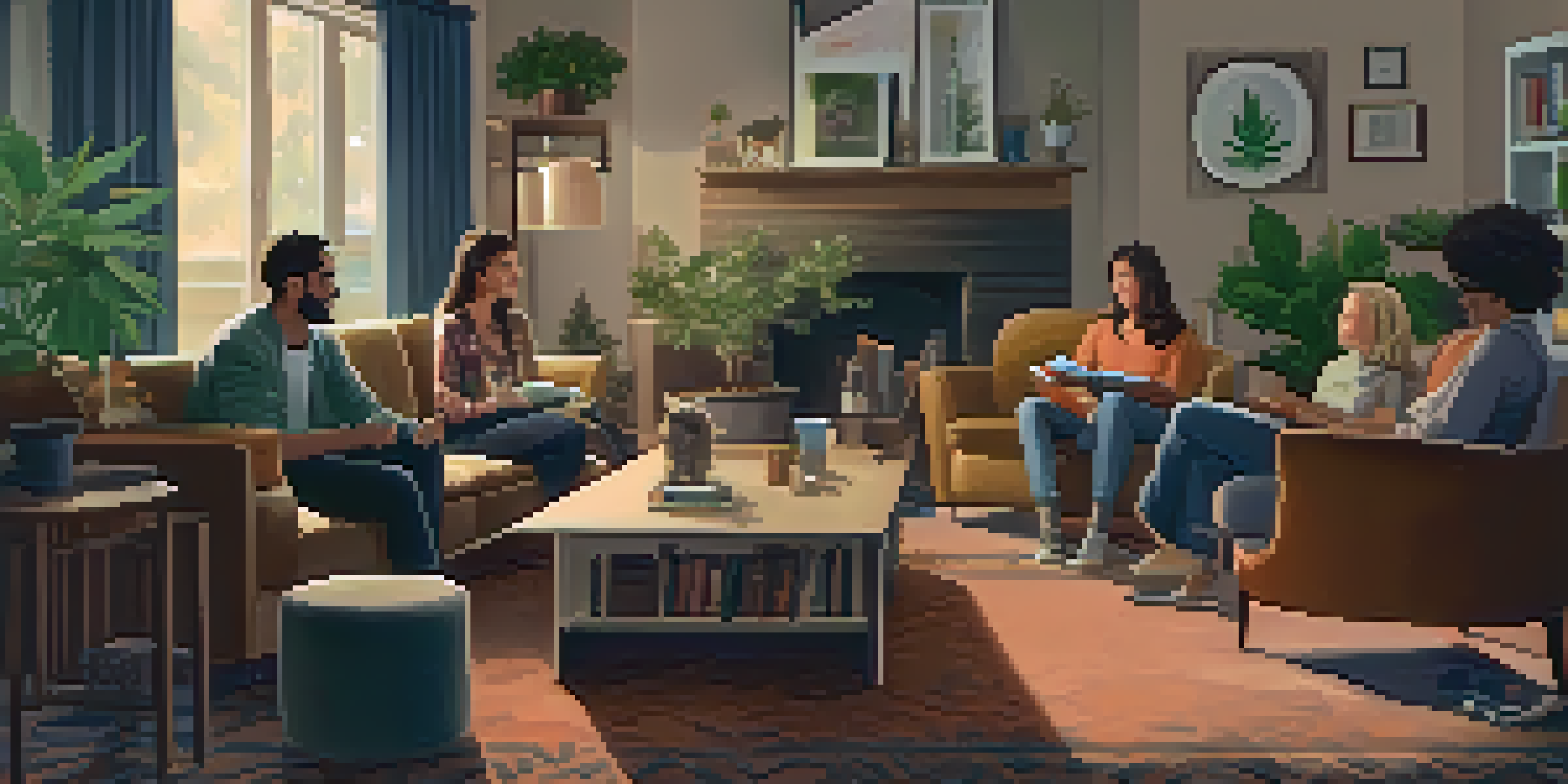 A family sitting in a cozy living room discussing marijuana education with an atmosphere of openness and support.