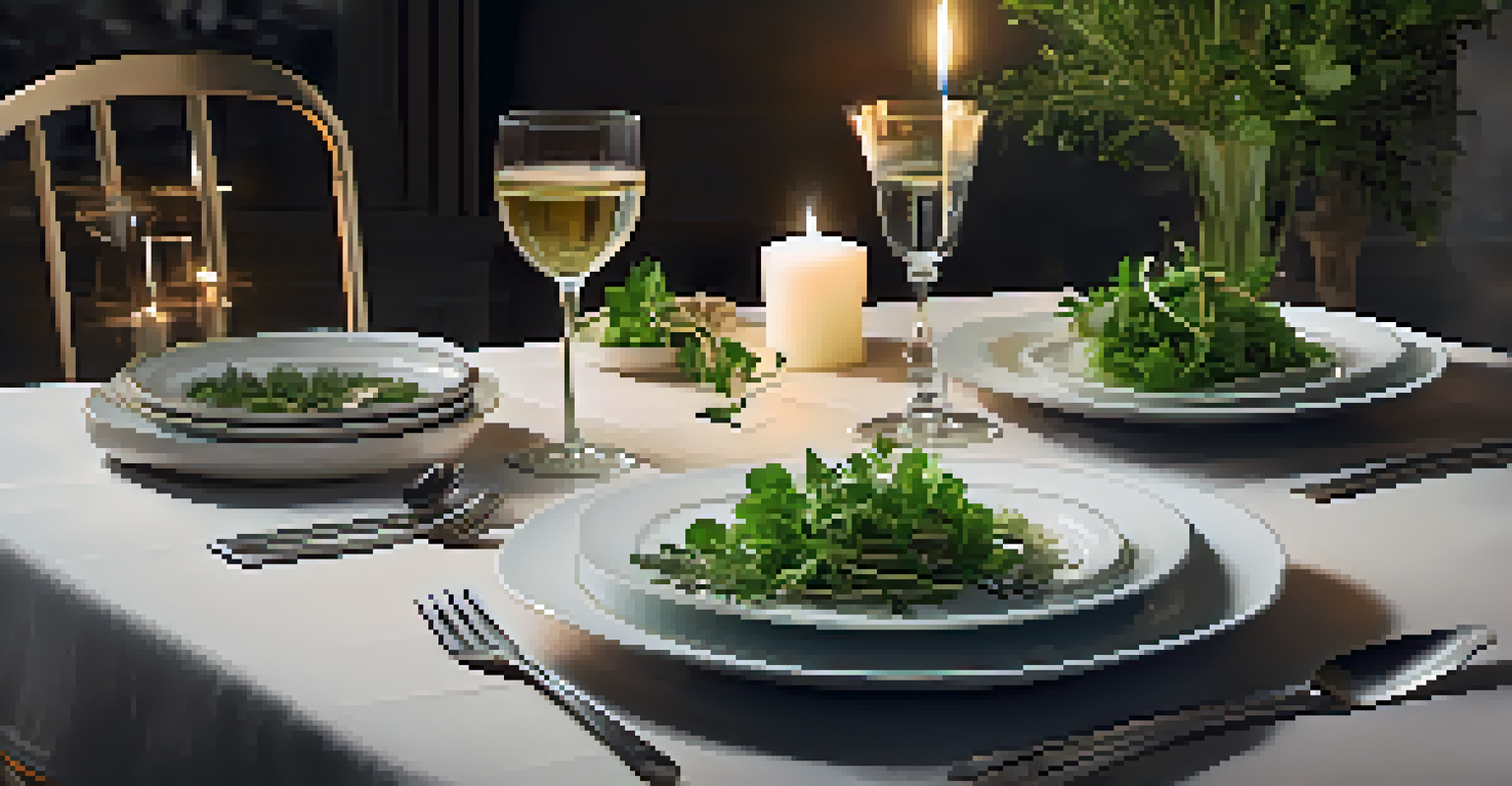 An elegantly set dining table with gourmet dishes, fresh herbs as a centerpiece, and glasses of wine, all in a warm, inviting atmosphere.
