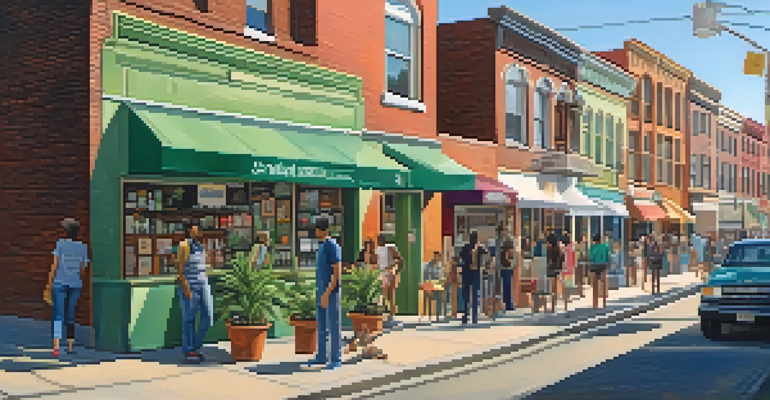Urban street scene with a cannabis dispensary, colorful murals, and diverse people interacting in a warm afternoon light.
