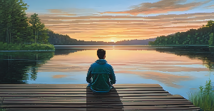 A person sitting on a wooden dock at sunset, looking at a tranquil lake surrounded by trees and hills.