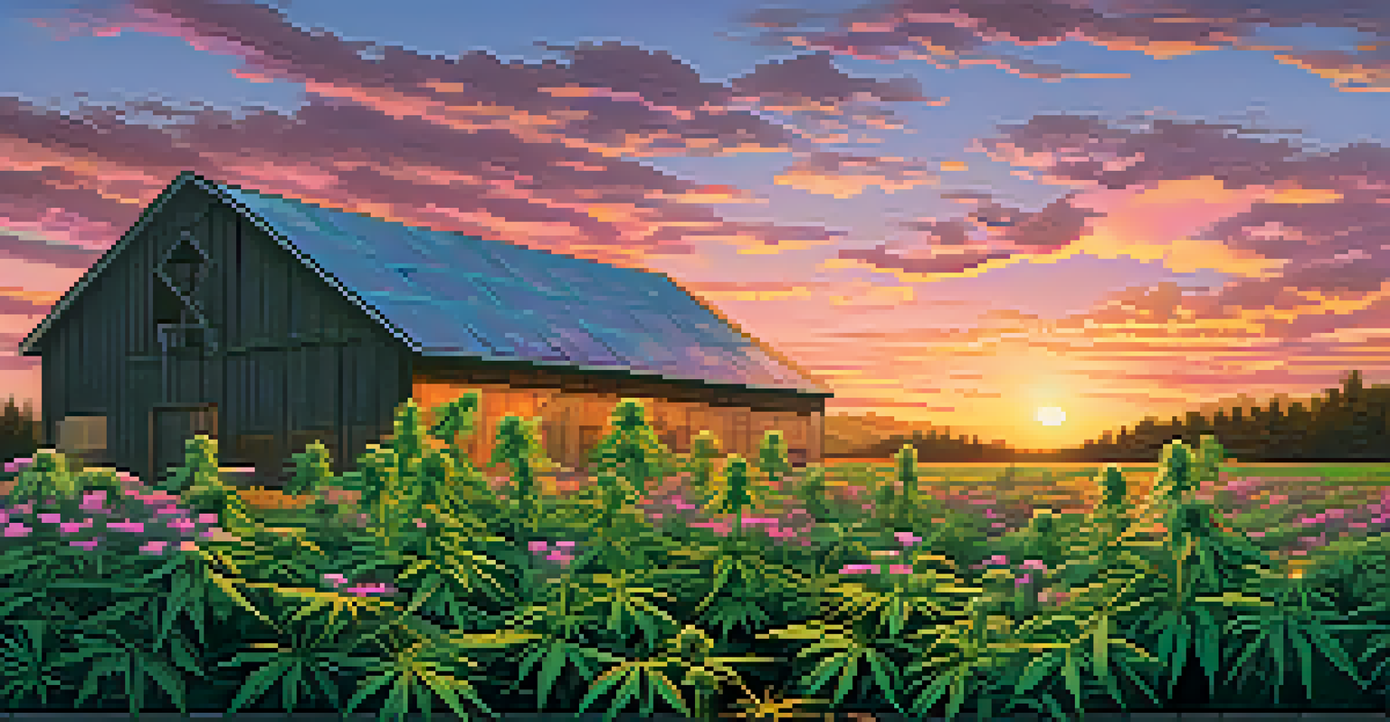 A sunset view of a cannabis farm with lush plants and a wooden sign that reads 'Organic Cannabis Farm' amidst blooming wildflowers.
