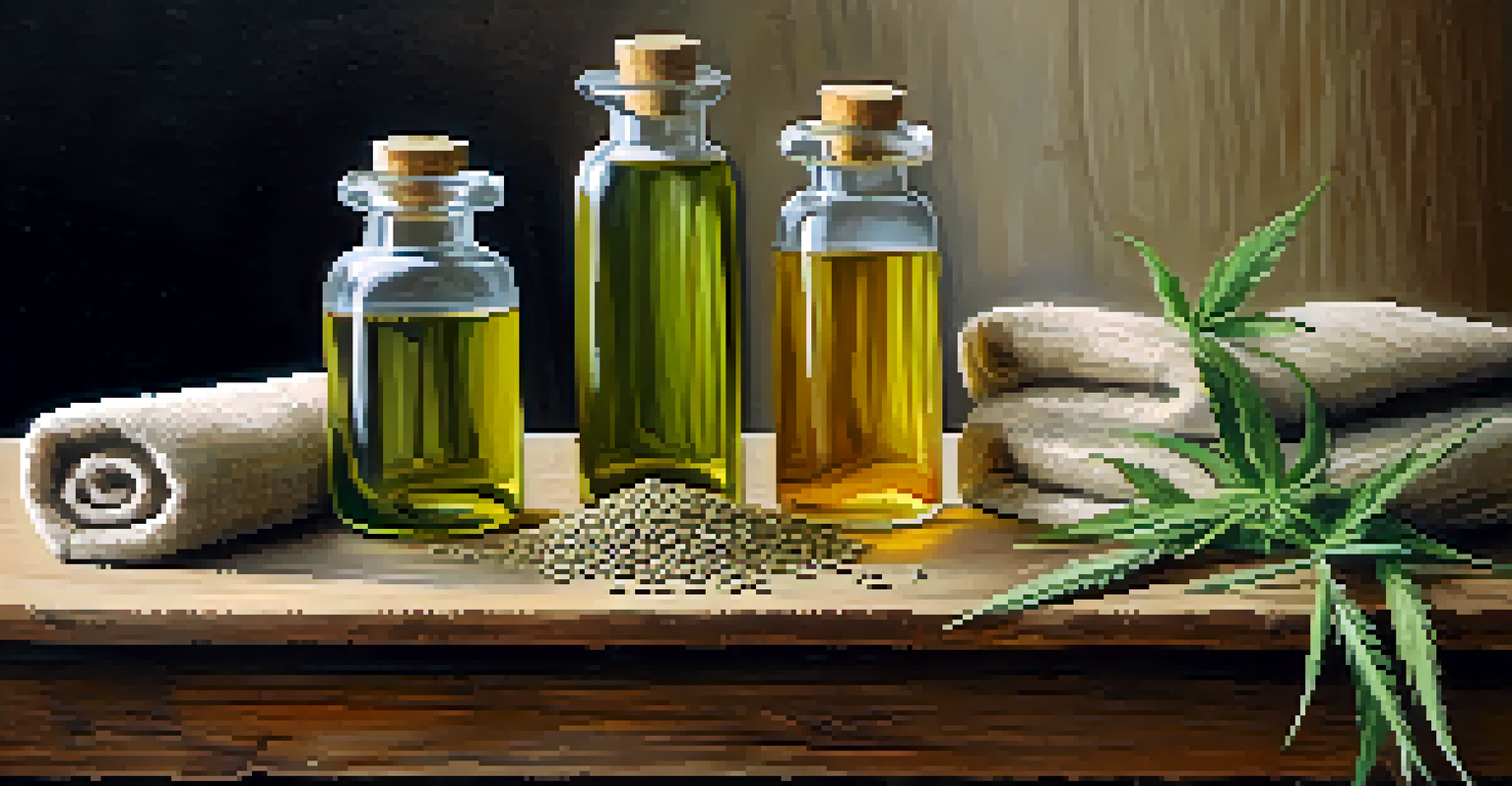 An arrangement of hemp products including fabric, seeds, and oil bottles on a wooden table.