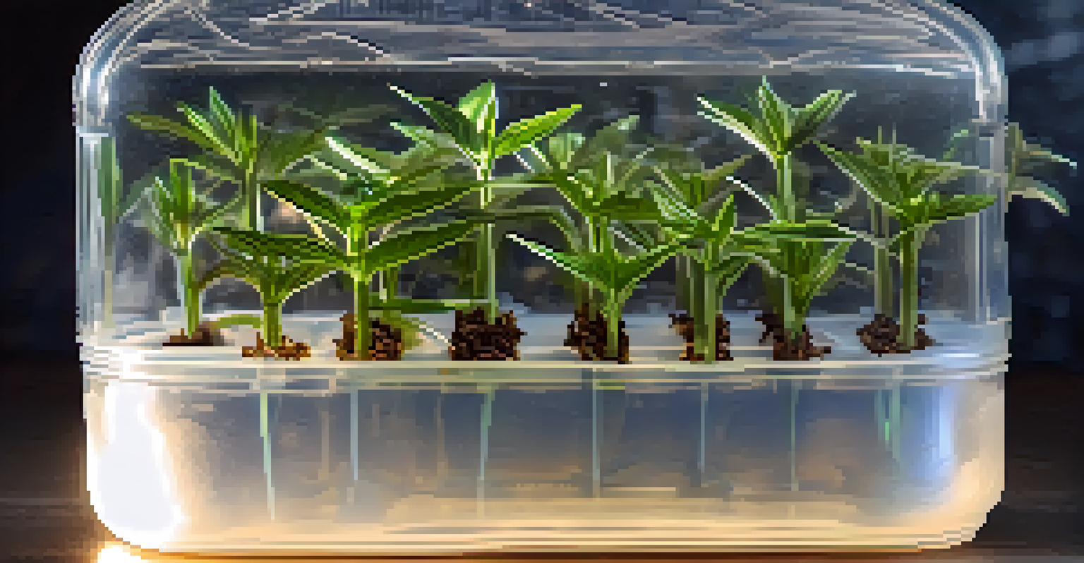 A close-up of a mini greenhouse made from a plastic bottle, with young cannabis seedlings growing inside, illuminated by soft light.