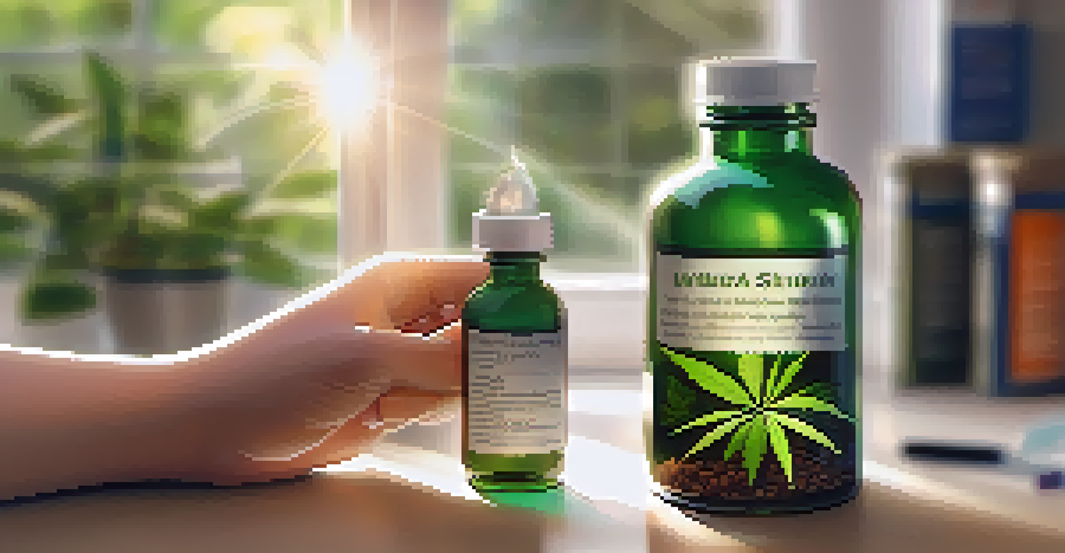 A close-up of a hand holding a medical marijuana prescription bottle in a cozy home, with sunlight illuminating the bottle and a small cannabis plant in the background.