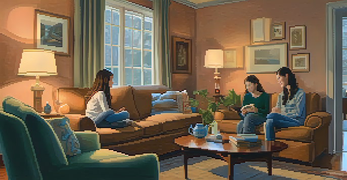 A parent and teenager sitting on a sofa in a warmly lit living room, engaged in a conversation with books and tea on the table.