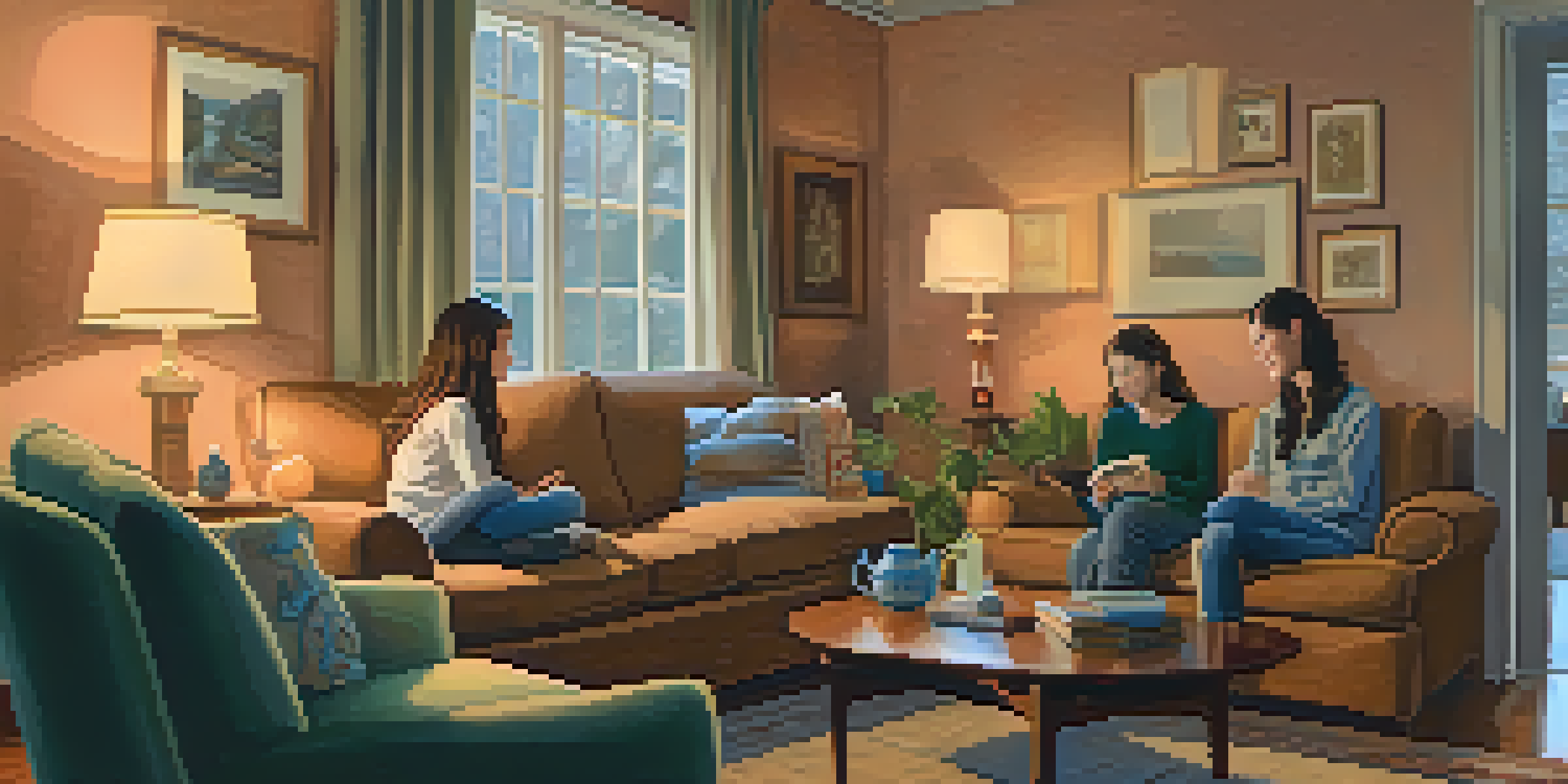 A parent and teenager sitting on a sofa in a warmly lit living room, engaged in a conversation with books and tea on the table.