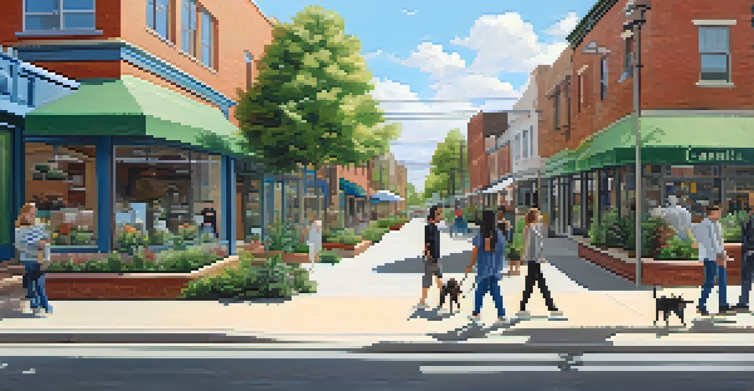 A revitalized neighborhood with modern storefronts, including a cannabis dispensary, and residents enjoying the area.