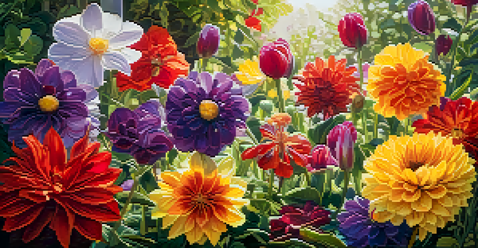 A close-up view of a colorful flower garden with red, yellow, and purple blooms illuminated by sunlight.