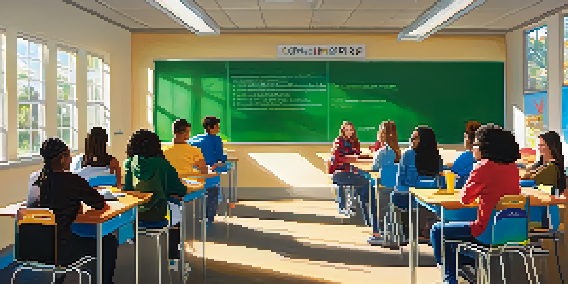 A diverse group of high school students in a bright classroom discussing marijuana education, with a whiteboard and colorful decor.
