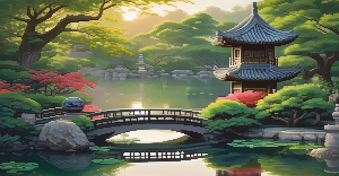 A peaceful ancient Chinese garden with greenery, flowers, a pond, and a stone lantern in warm sunlight.