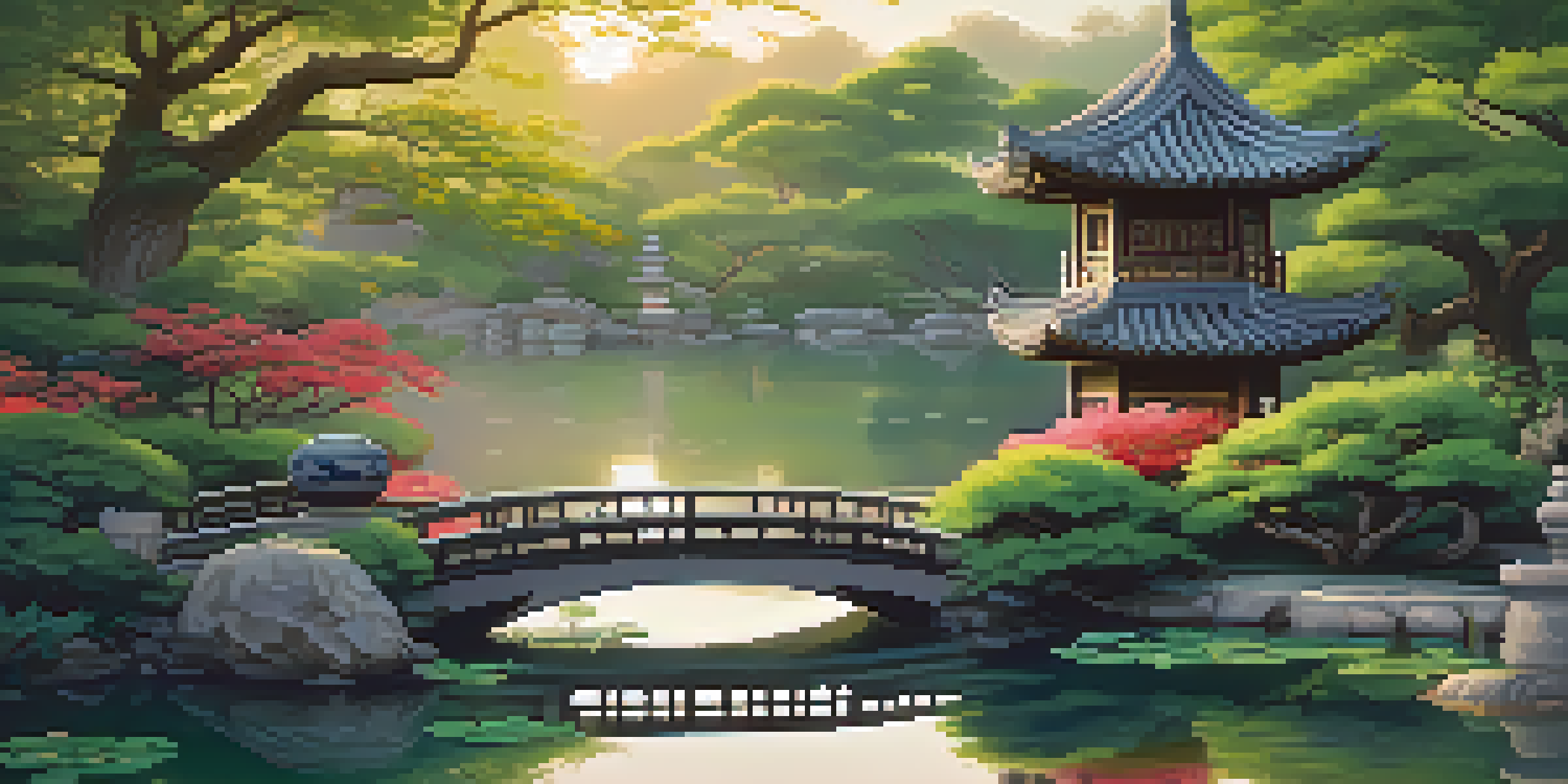 A peaceful ancient Chinese garden with greenery, flowers, a pond, and a stone lantern in warm sunlight.