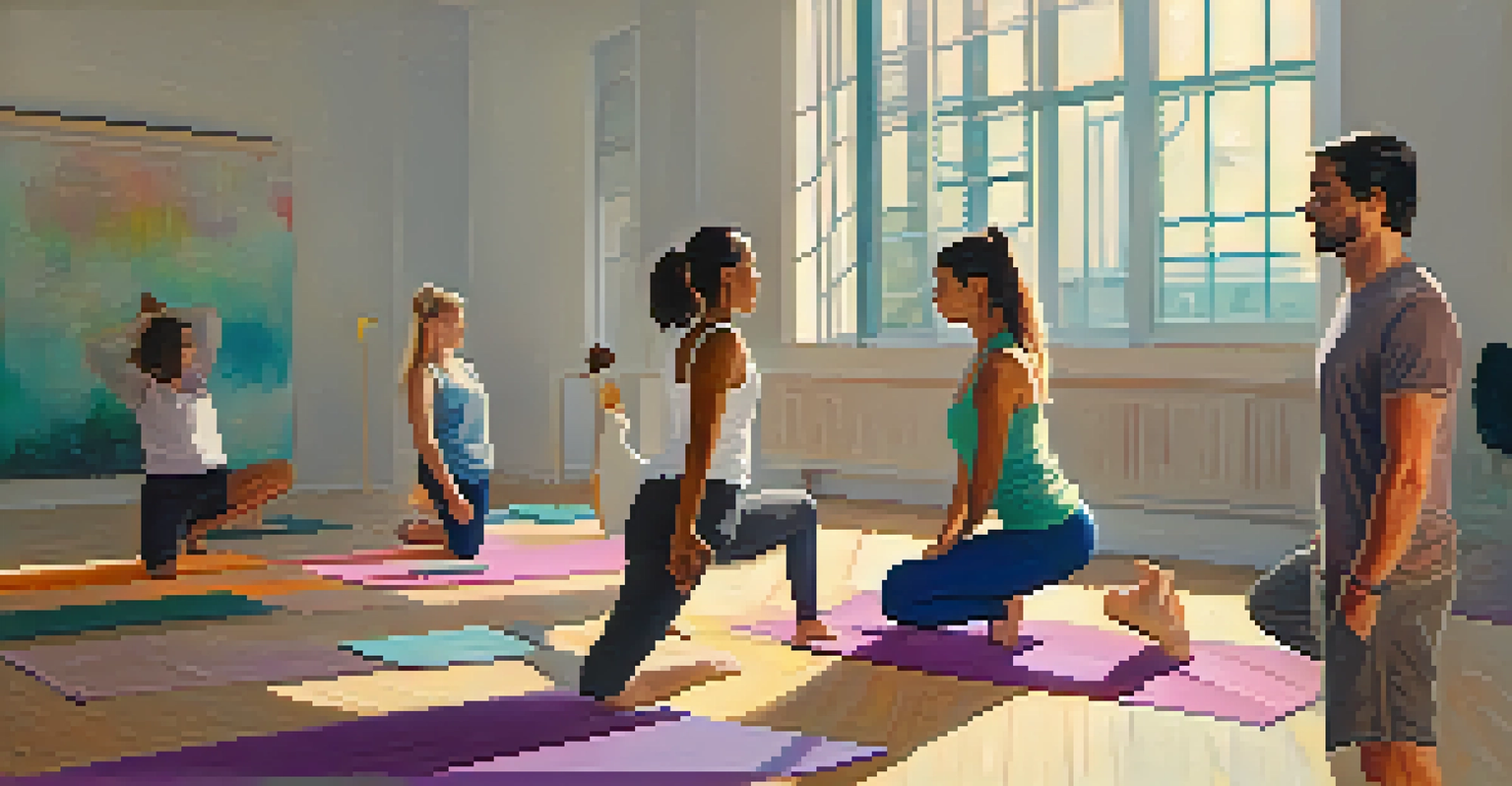 A split image showing a young adult in a vibrant yoga class on one side, and sitting alone looking anxious on the other side.