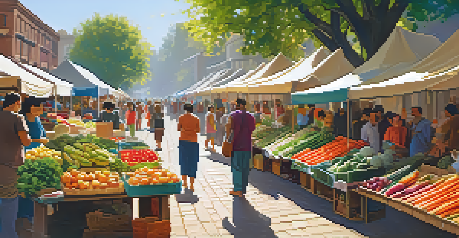 A lively outdoor market with colorful stalls, people shopping, and sunlight filtering through trees.
