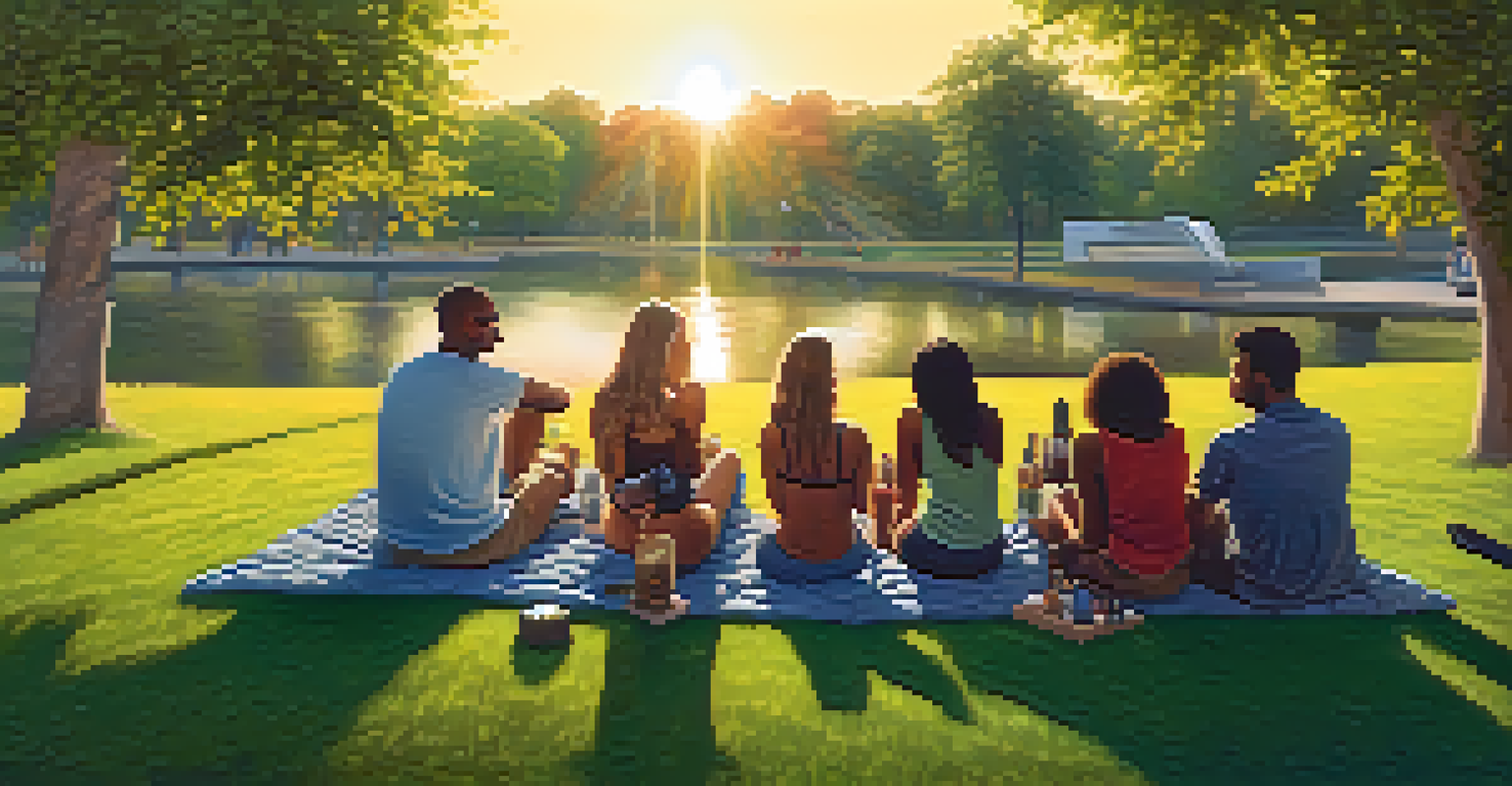 A diverse group of people enjoying cannabis products in a park during sunset, with a relaxed and inclusive vibe.