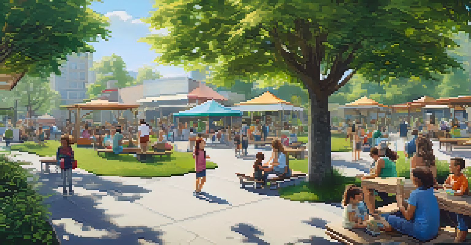 A community park filled with families and greenery, representing community development through cannabis revenue.