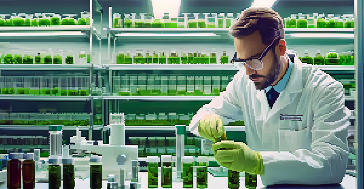 A scientist in a lab examining cannabis samples under a microscope with shelves of jars and testing equipment in the background.