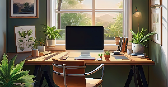 A cozy home office with cannabis-related books and a laptop, illuminated by soft sunlight.