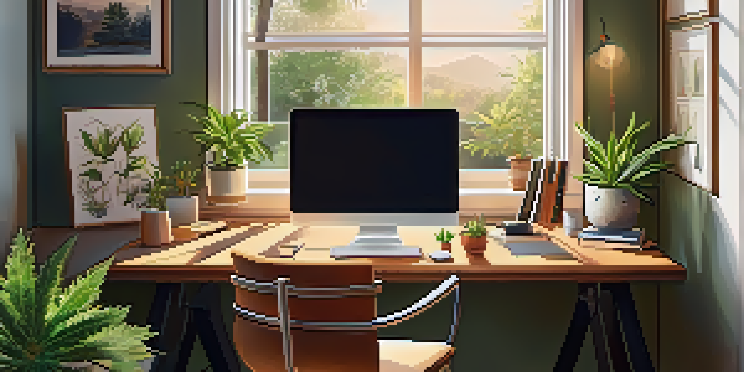 A cozy home office with cannabis-related books and a laptop, illuminated by soft sunlight.