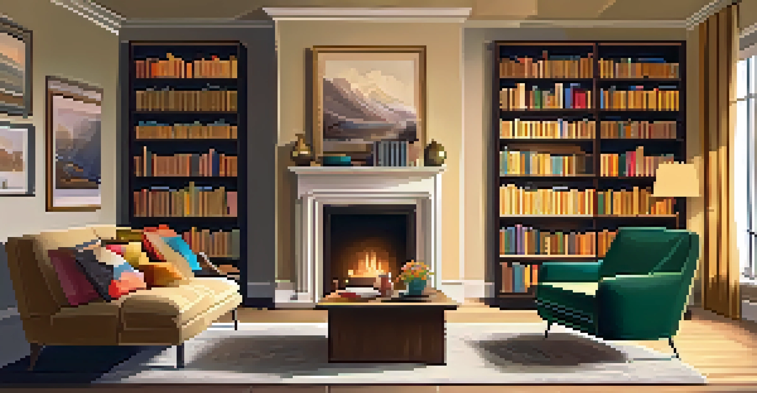 A cozy living room with a fireplace, sofa, and warm lighting, creating a relaxing atmosphere.