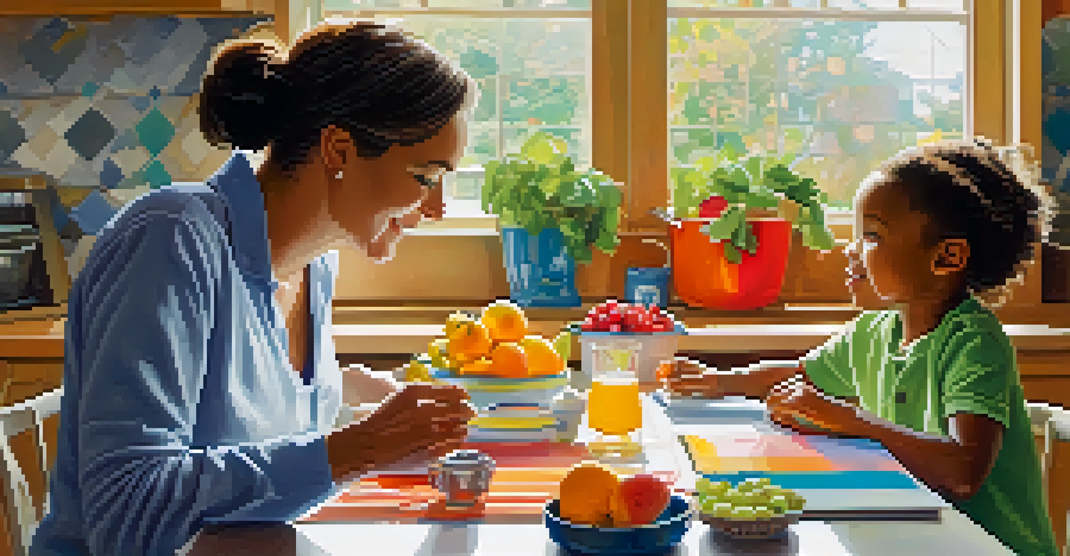 A parent and child at a kitchen table having a conversation, surrounded by fruits and learning materials.