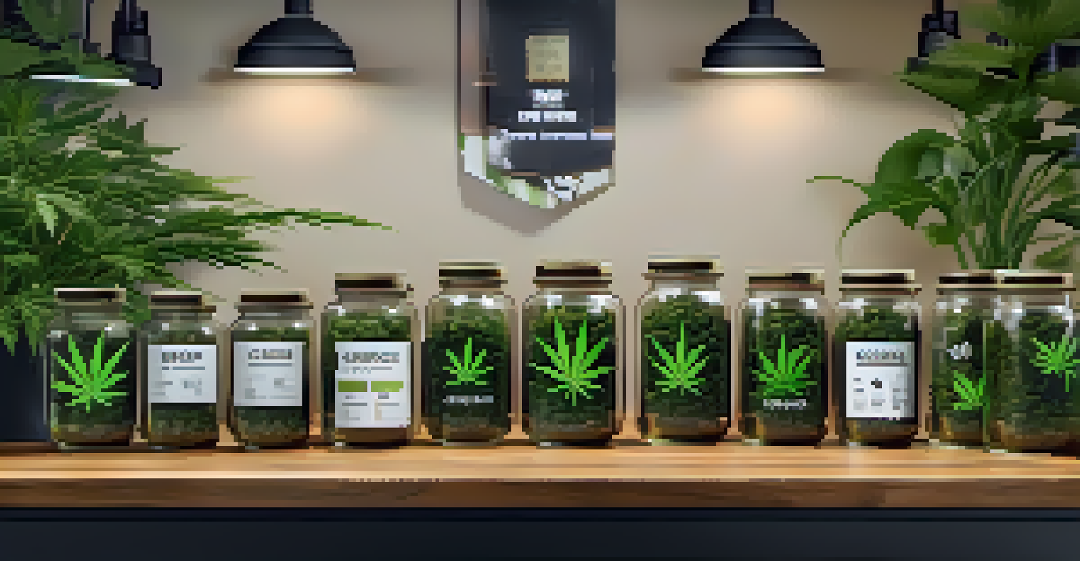 A marketing display of cannabis products on a wooden table, featuring jars of different strains with elegant labels.