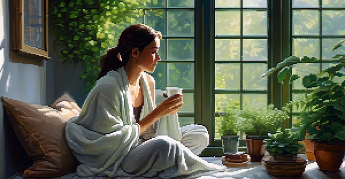 A woman sitting indoors, wrapped in a blanket, holding a cup of herbal tea with plants around her.