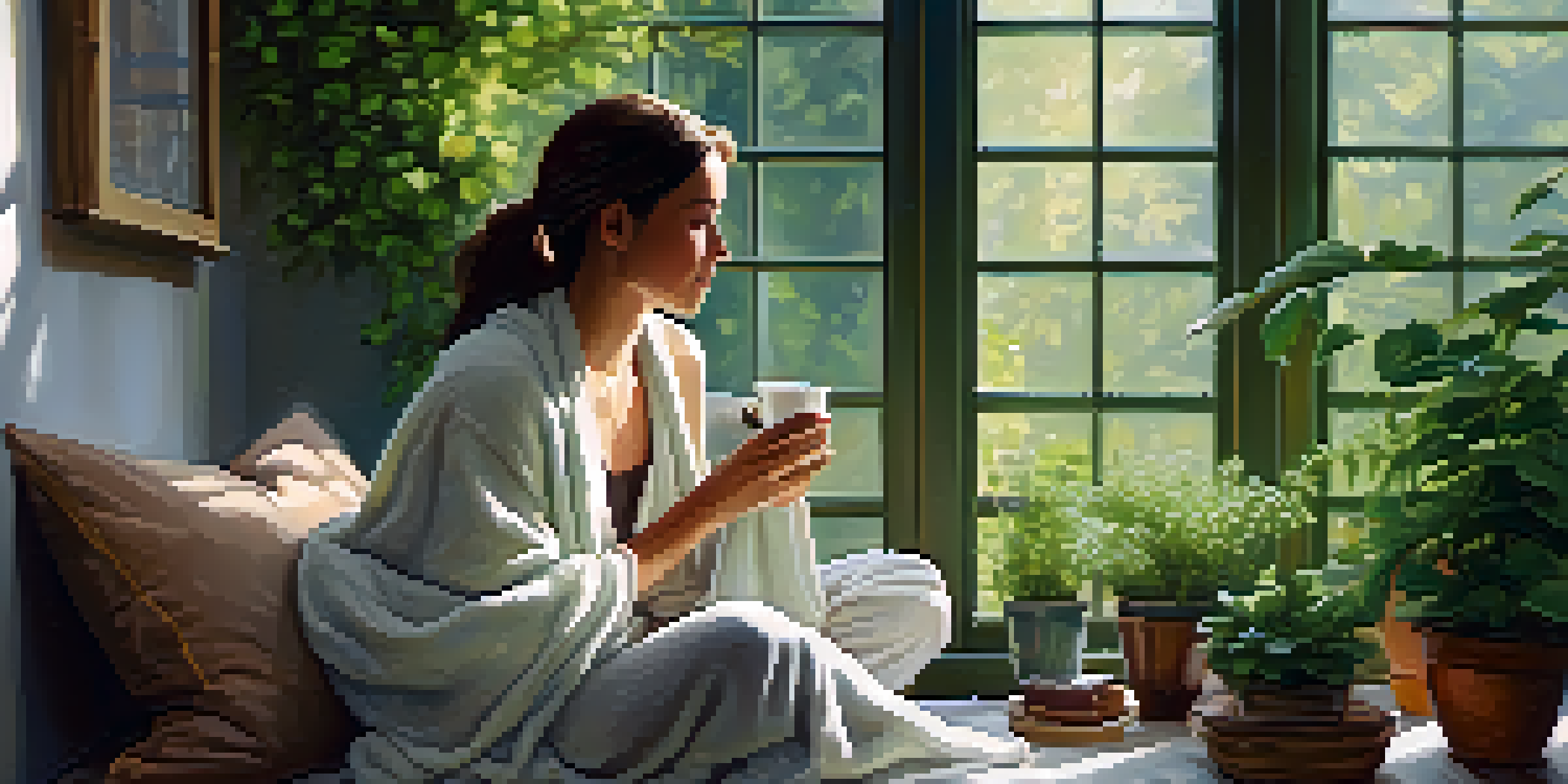 A woman sitting indoors, wrapped in a blanket, holding a cup of herbal tea with plants around her.