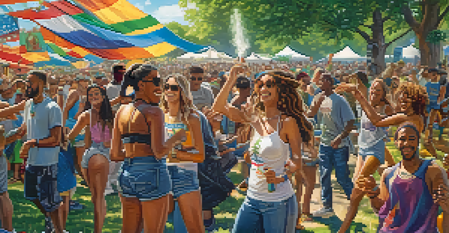 A vibrant festival scene with people celebrating marijuana, featuring decorations, music, and a sunny park atmosphere.