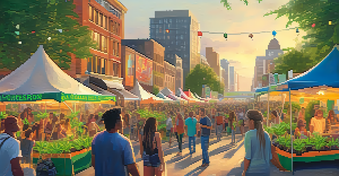 A bustling street festival celebrating cannabis culture with colorful tents, diverse crowds, and a warm sunset.