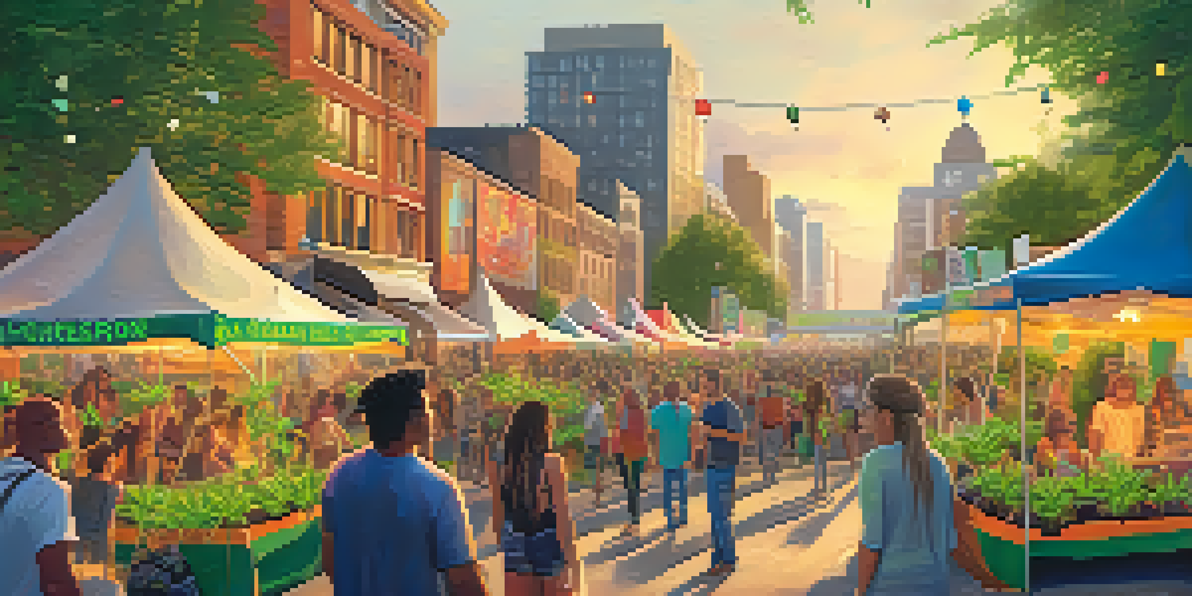 A bustling street festival celebrating cannabis culture with colorful tents, diverse crowds, and a warm sunset.