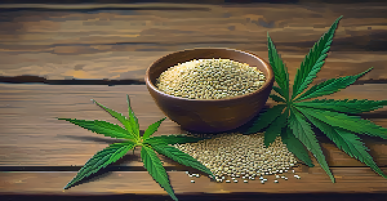 An arrangement of hemp seeds, oil, and fresh cannabis leaves on a rustic wooden table.