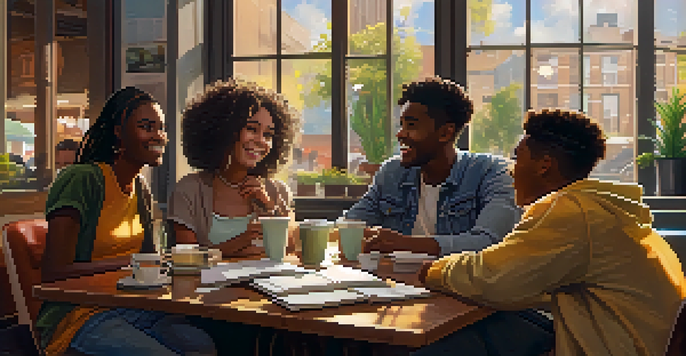 A diverse group of young people discussing marijuana and mental health in a cozy coffee shop, with warm lighting and notebooks on the table.