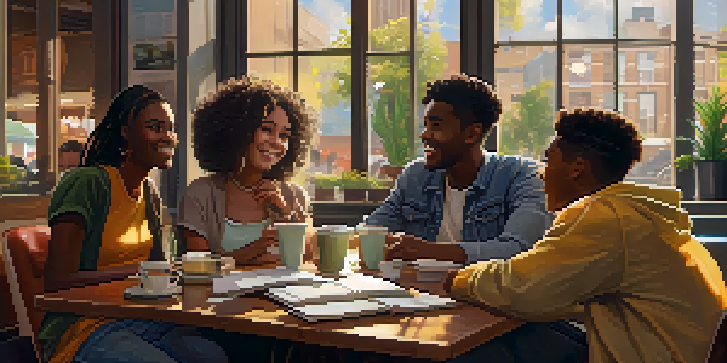 A diverse group of young people discussing marijuana and mental health in a cozy coffee shop, with warm lighting and notebooks on the table.