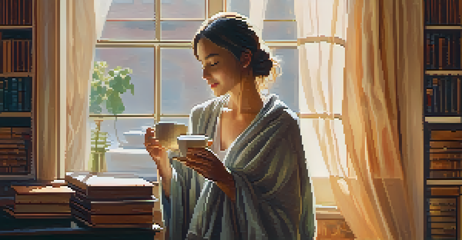 A close-up of a person holding a warm cup of herbal tea, surrounded by a cozy atmosphere with soft lighting.