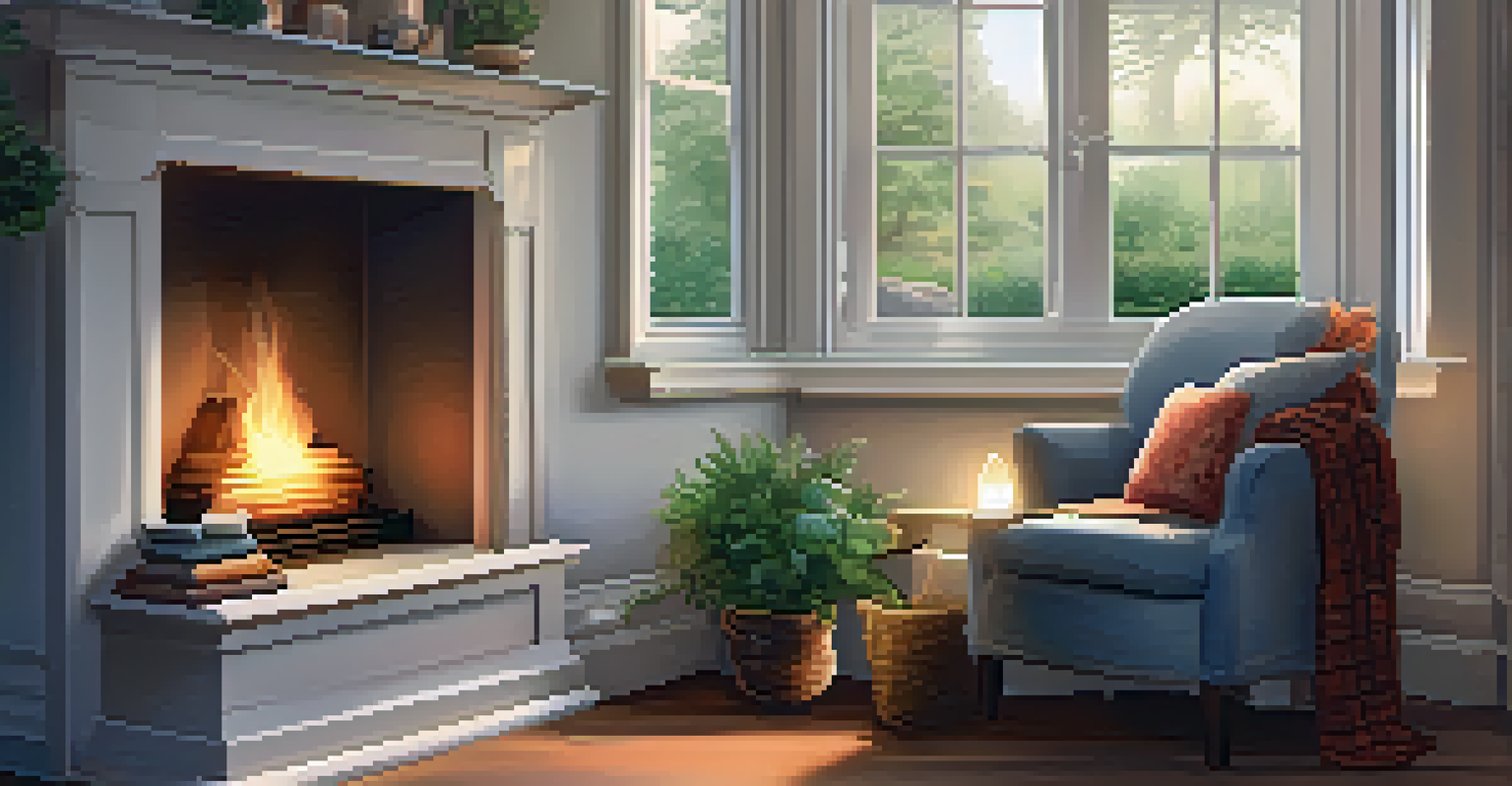 A cozy room with a fireplace, cushions, a journal, and a cup of tea, with a view of a garden outside.
