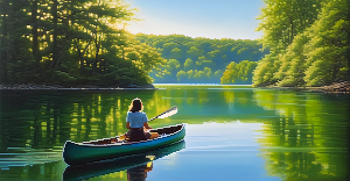 A peaceful lake surrounded by green trees and a clear blue sky, with a canoe floating on the water.