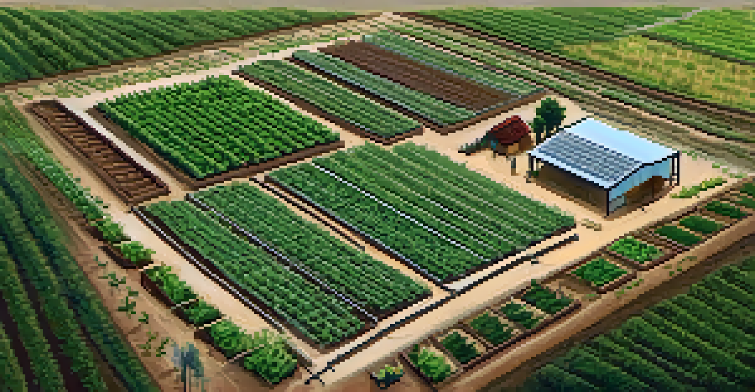 An aerial perspective of a marijuana farm with permaculture elements, including swales, irrigation, and diverse crops, presenting an organized and sustainable farming landscape.