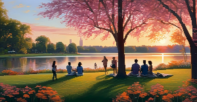 A peaceful park scene at sunset with diverse individuals talking on the grass, surrounded by trees and flowers.