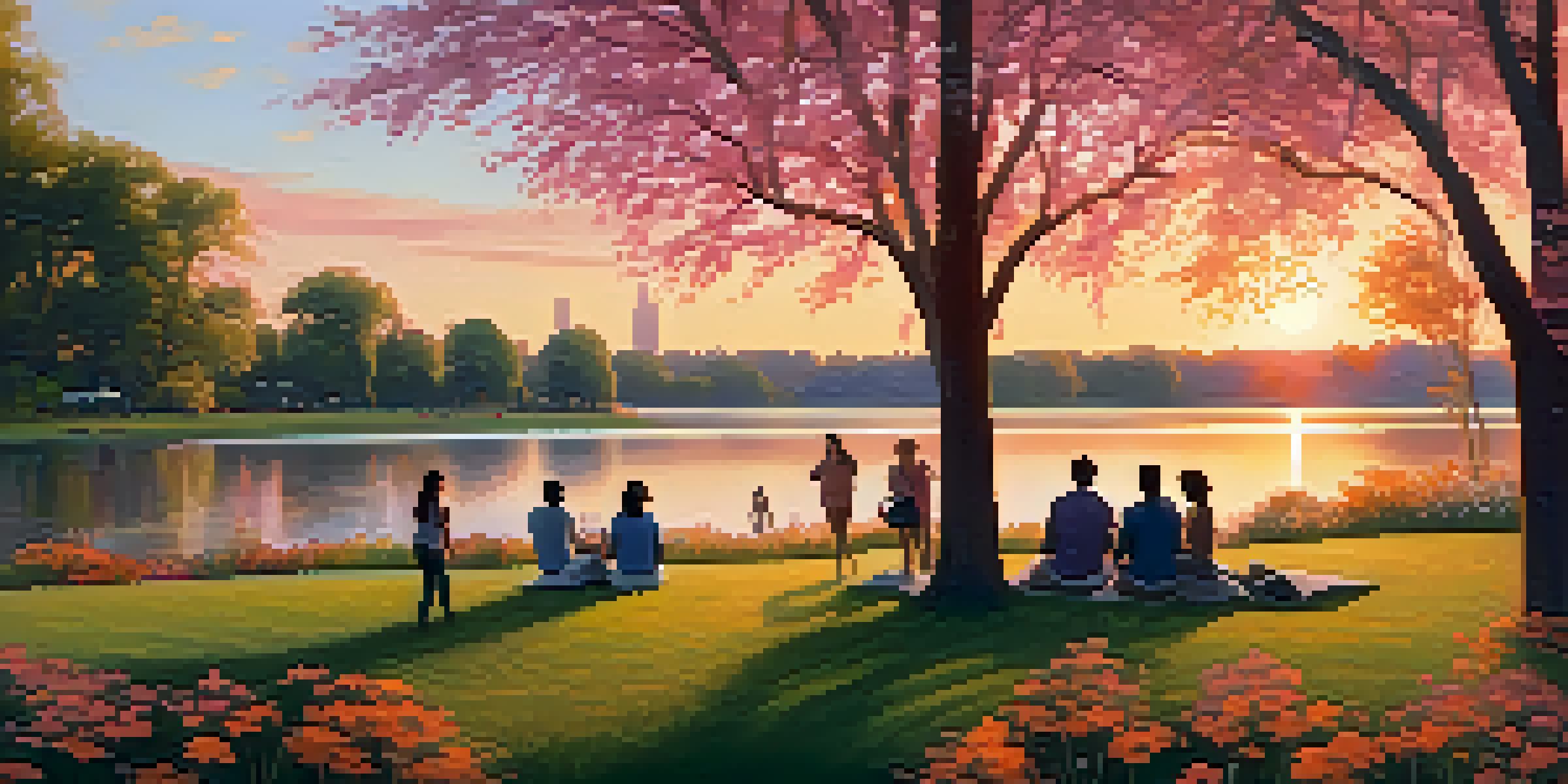 A peaceful park scene at sunset with diverse individuals talking on the grass, surrounded by trees and flowers.