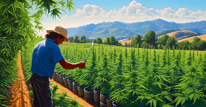 An outdoor marijuana farm with healthy cannabis plants, clear blue sky, and a farmer using drip irrigation.