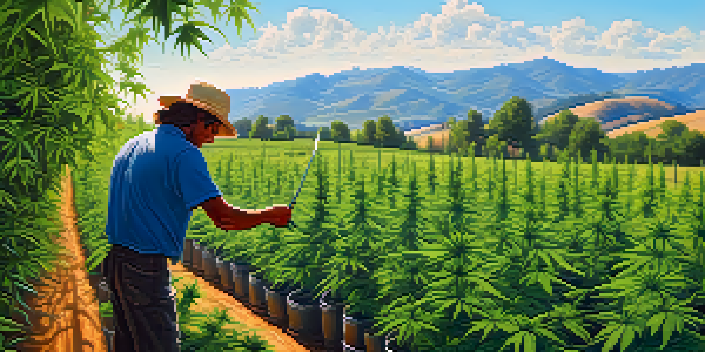 An outdoor marijuana farm with healthy cannabis plants, clear blue sky, and a farmer using drip irrigation.