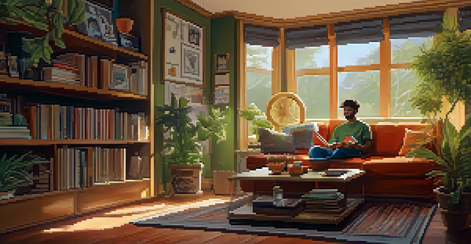 An athlete relaxing on a couch with a book and a cannabis vaporizer on the table, in a cozy room filled with plants and sports memorabilia.