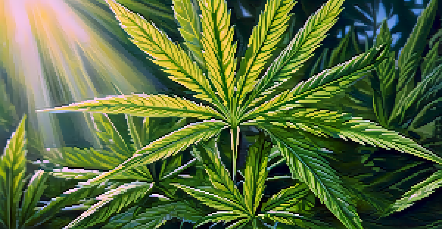 Close-up of cannabis leaves with morning dew, illuminated by soft sunlight.